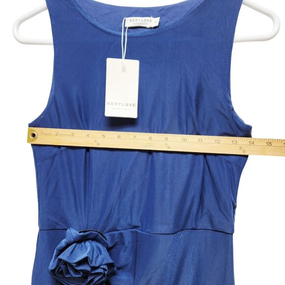 Berylove Womens Navy Blue Sleeveless Layered Ruffle Midi Dress  Rosette Detail S - Picture 9 of 9